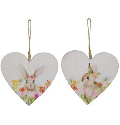 2 assorted hanging decorations in a heart shape. Featuring an adorable bunny sat in a field of flowers