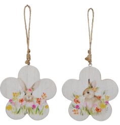 2 cute assorted hanging decorations in a flower shape with a bunny surrounded by flowers illustration.