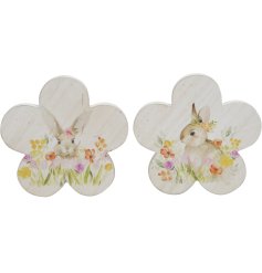 Wooden flower ornament featuring a beautifully whimsical bunny design