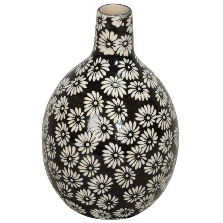 Black Vase with Daisy Pattern, 14cm