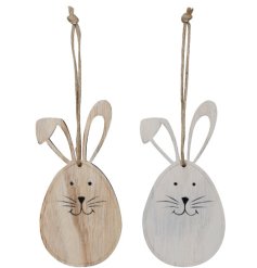 A hanging bunny decoration in 2 assorted designs, finished with a shabby chic whitewash. 