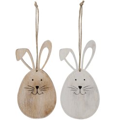 2 assorted bunny hanging decorations in a rustic whitewash finish, perfect for hanging around the home during Easter