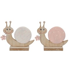 A lovely assortment of 2 wooden snail ornaments in pink and white with a polkadot shell. 