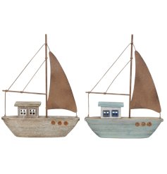 A wooden sailing boat ornament full of character with its mini cut out windows and sail.