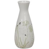 A charming vase in white with green and grey flower decals.