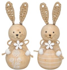 2 assorted wooden rabbits with a pretty white pattern and a bow necklace.