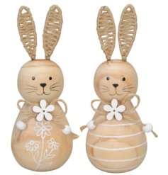 2 assorted wooden rabbit ornaments in a natural tone with unique wicker ears and a jute and bead bow.