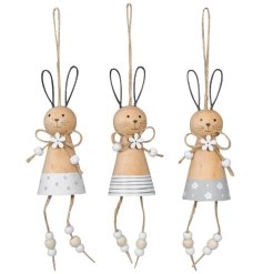 3 assorted cute hanging natural rabbits with dainty wire ears.