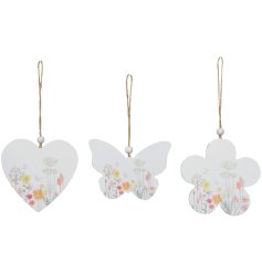3 assorted charming wooden hanging decorations in a heart, flower and butterfly shape.