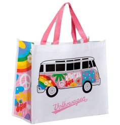 A reusable shopping bag with funky 70's decorated camper van. 