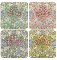 A set of 4 coasters beautifully adorned with different coloured Hyacinths.