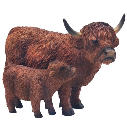 Standing Brown Highland Cow & Calf, 19cm