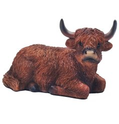 A sitting brown highland cow with a brushed effect.