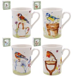 Four assorted china mugs decorated with beautiful garden bird scenes. 