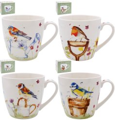 Four assorted breakfast mugs decorated with beautiful garden birds.