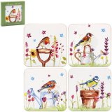 A set of 4 gift boxed coasters decorated with beautiful garden birds.
