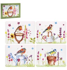 A set of 4 placemats illustrated with beautiful birds found within your garden.