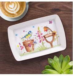 A small melamine tray decorated with beautiful bird illustration.