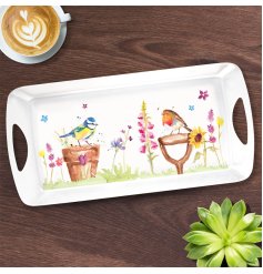 Beautiful watercolour birds sat in the garden placed on a medium sized melamine tray.