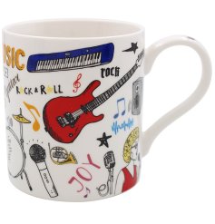 Rock and roll with this music inspired mug. It details different music instruments, quotes