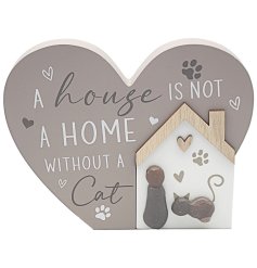 A cute wooden plaque for a cat person. Featuring paw print decals and a simple house image with a cat and person 