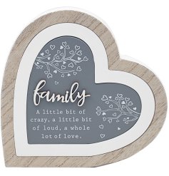 A wooden heart shaped plaque to be placed in a family home. In neutral and grey tones, it would be perfectly suited