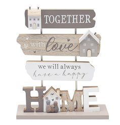 A rustic wooden freestanding home plaque with heartwarming words and 3D mini house motifs.