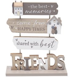 A charming rustic wooden friends plaque with 3D house decals and wooden pebble detail images.