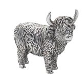 A charming standing highland cow in silver tones. It would bring a touch of country to any home space.