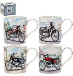 A assortment of 4 fine china mugs, each with different detailed illustrations of classic motorbikes.