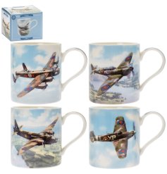 A lovely assortment of 4 fine china mugs. Each mug has different images of classic planes in the sky. 