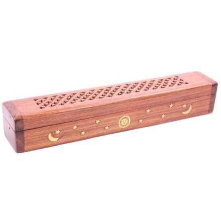 A beautiful sheesham wood, incense storage box and ashcatcher. With charming gold sun, moon and stars.