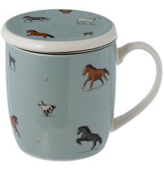 A charming horse themed mug with sieve for tea infusing and lid to keep your drink warm.