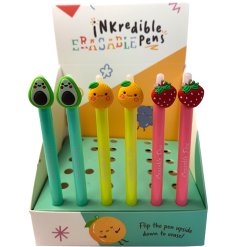 An erasable brightly coloured pen with a fruit topper in 3 assorted designs.
