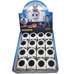 A novelty Halloween toy featuring a skull design with a squishy pop out bat!