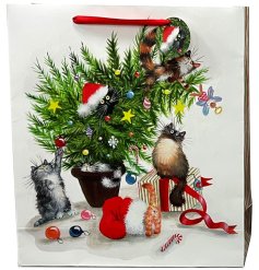 A traditional festive Christmas gift bag from the Kim Haskins range. Featuring a group of felines around a tree.