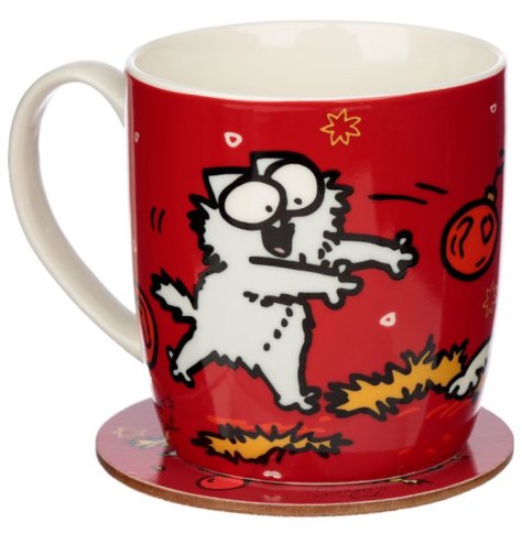 A Christmas mug and coaster set illustrated with Simon's Cat.