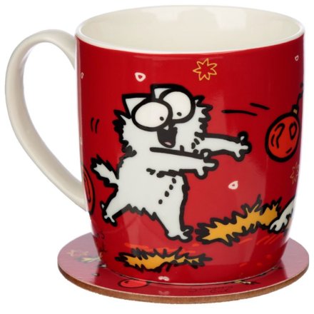A Christmas mug and coaster set illustrated with Simon's Cat.