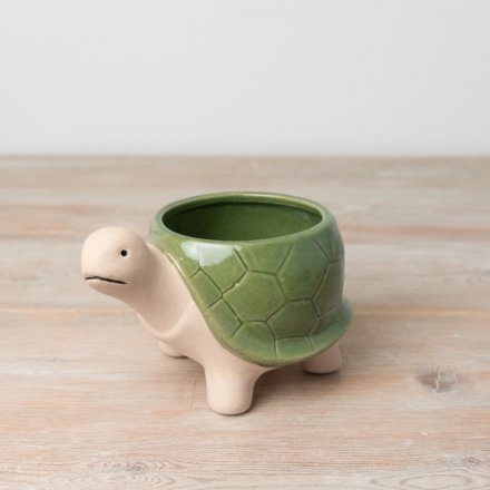 A unique and beautifully crafted stoneware planter in the shape or a tortoise. 