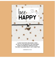 A cute and colourful bee themed card with a sweet wish bracelet featuring a heart shaped charm. 