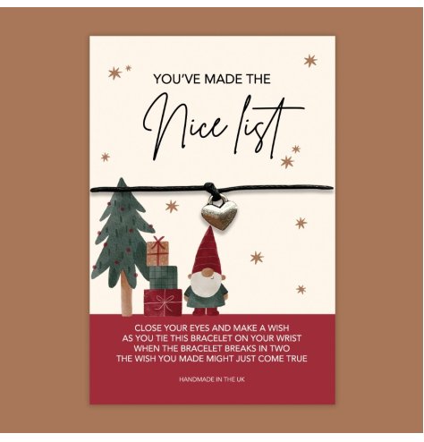 Cute festive wish bracelet with the words "You've made the nice list'