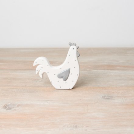 A chic grey and white polka dot hen decoration. A unique, hand finished item for the kitchen and home. 