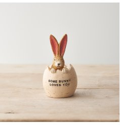 A unique seasonal decoration featuring our charming bunny figure. Complete with a speckled bunny egg.