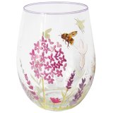 This beautiful stemless glass features a delicate lavender and bee design