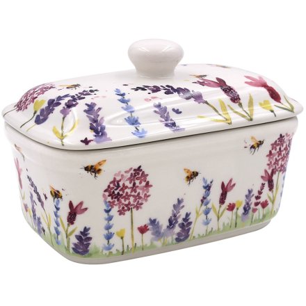 Butter Dish with Lavender and Bees Design, 17cm