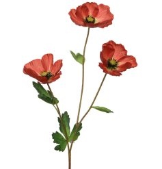 A bunch of red poppies together on a green leafy stem. Display in a tall vase and place on a windowsil or mantel