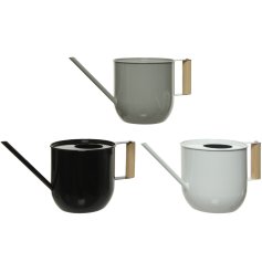 An assortment of 3 watering cans in a unique design with a wooden handle.