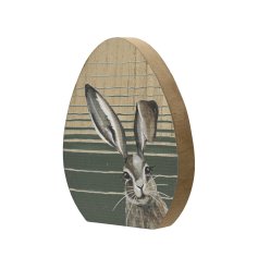 This Stripped Wooden Egg with Watercolour Rabbit Decal is an adorable and unique home decor piece 