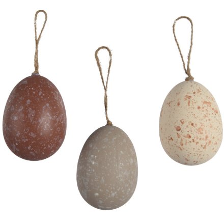 A set of 6 coloured egg decorations each hung by jute twine. 