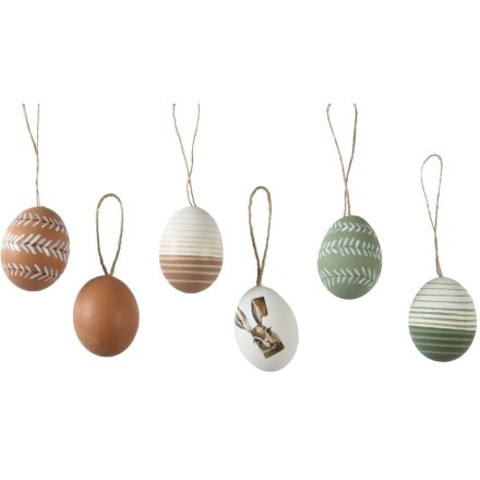 A lovely set of 12 hanging decorations in the shape of a egg in 6 different designs. 